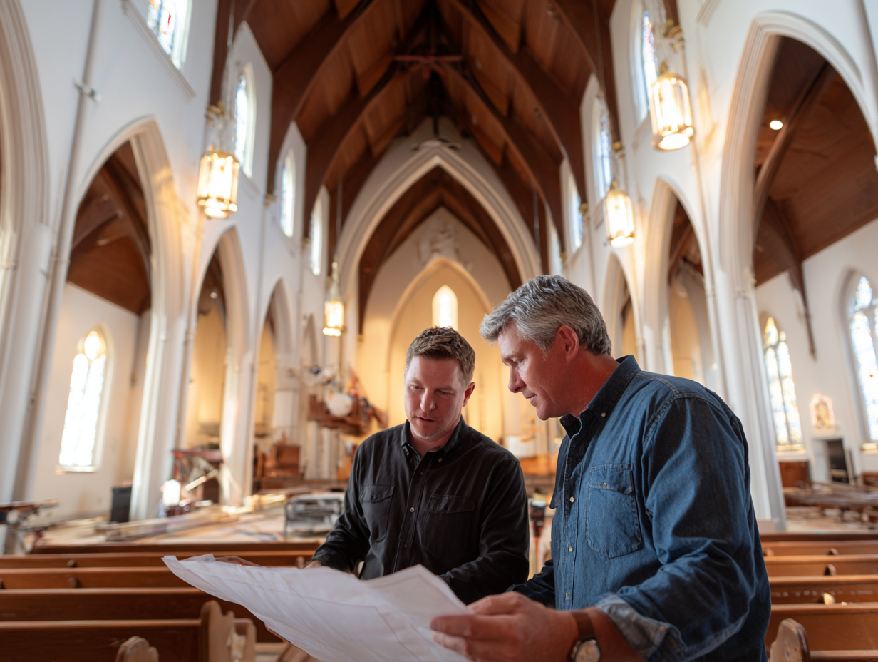 Church administrator and engineer reviewing plans inside a Gothic church sanctuary